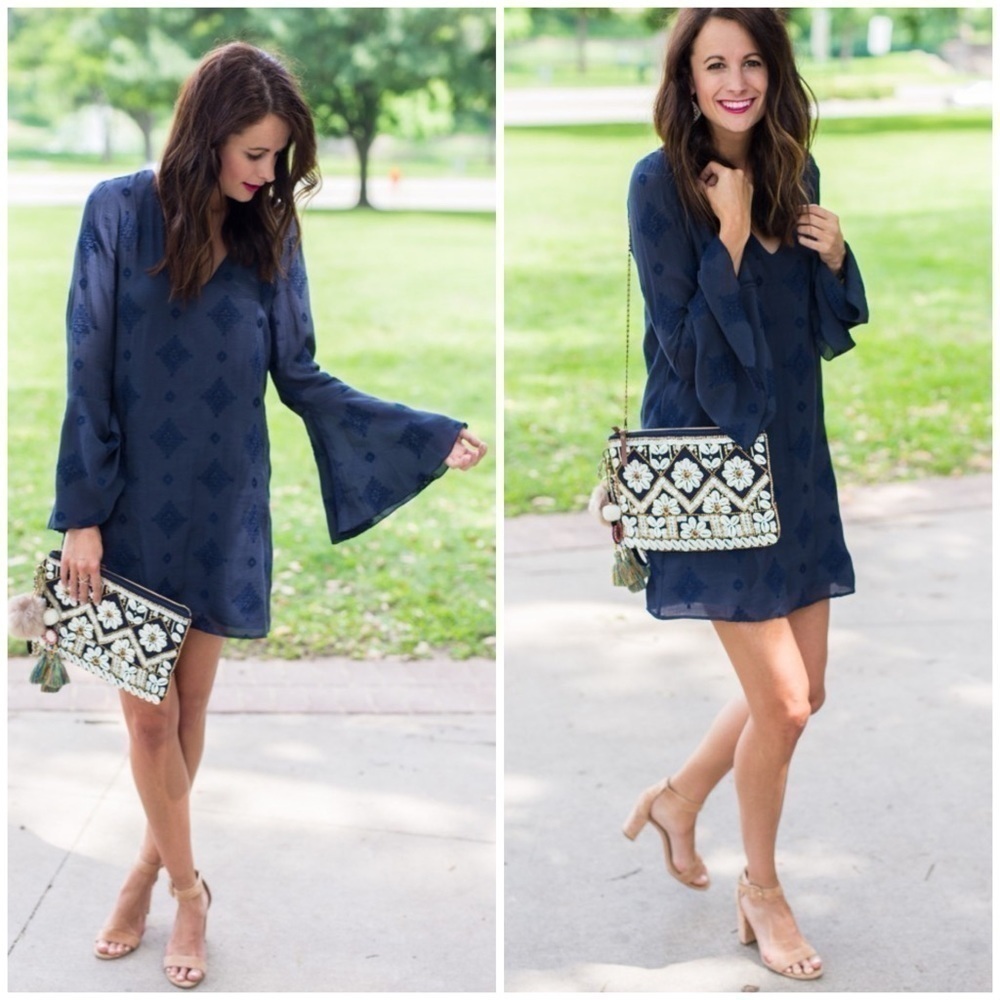 WAYF Revolve Bell Sleeved Embroidered V-neck Dress Blue Sz S Boho